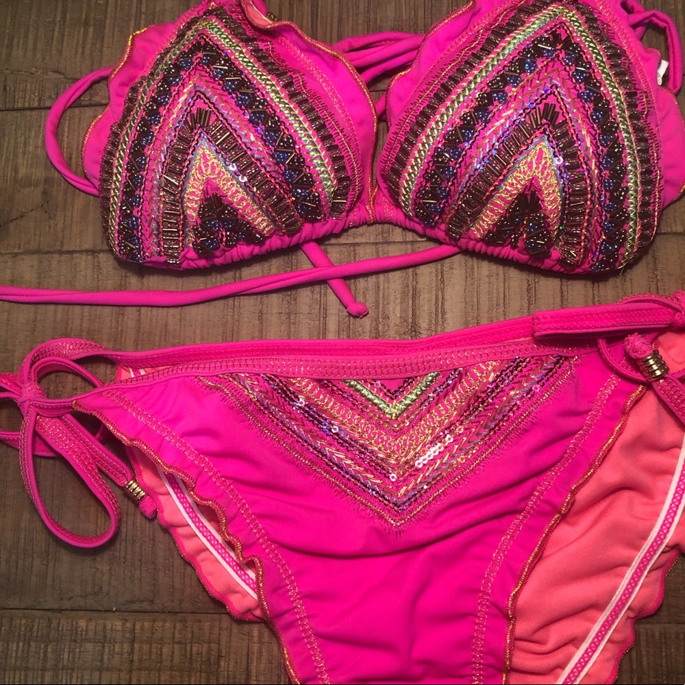 Beaded Hot Pink Triangle Bikini Set with Embellished Details